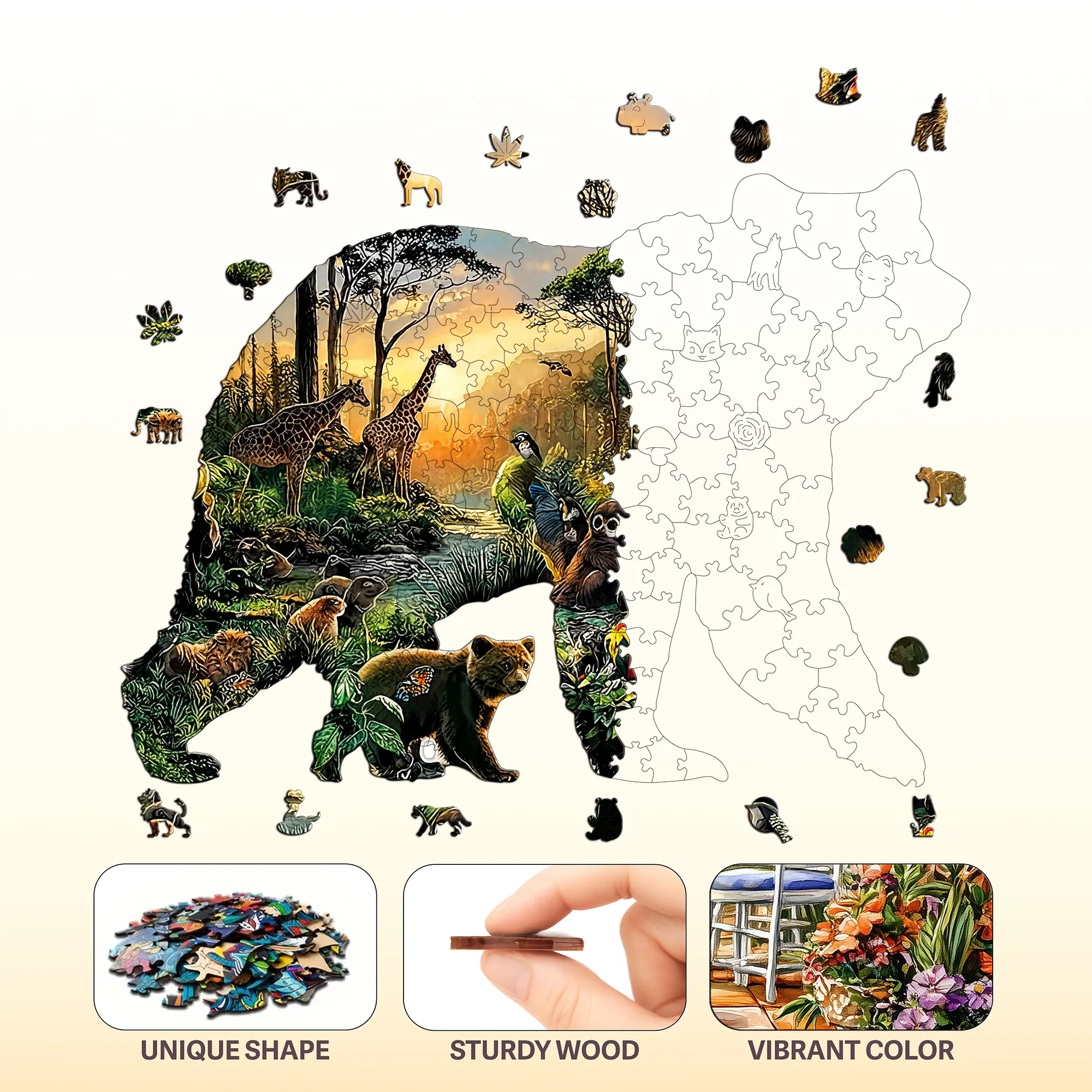 Bear and Animal World Theme Wooden Jigsaw Puzzle Wood Home Decor Painting Christmas and Halloween Gift Toy for Teen Kid