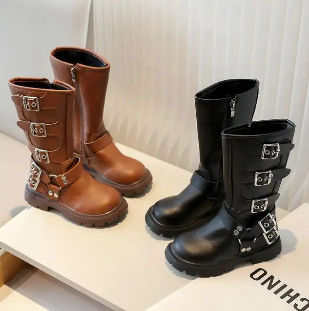 

Girls Long Boots Children Black Brown Side Zipper Snow Boots Fashion Kids Round-toe Boys Casual Leather Boots Drop Shipping