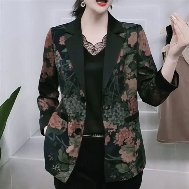 Vintage Printed Button Spliced Pockets All-match Blazer Women Clothing 2023 Autumn New Oversized Casual Tops Office Lady Blazers