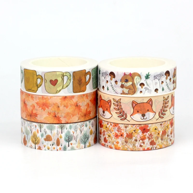 NEW 1PC 10M Decor Mushroom Squirrel Orange Leaves Autumn Washi Tape Set for Scrapbooking Masking Tape Cute Journaling Stationery 2
