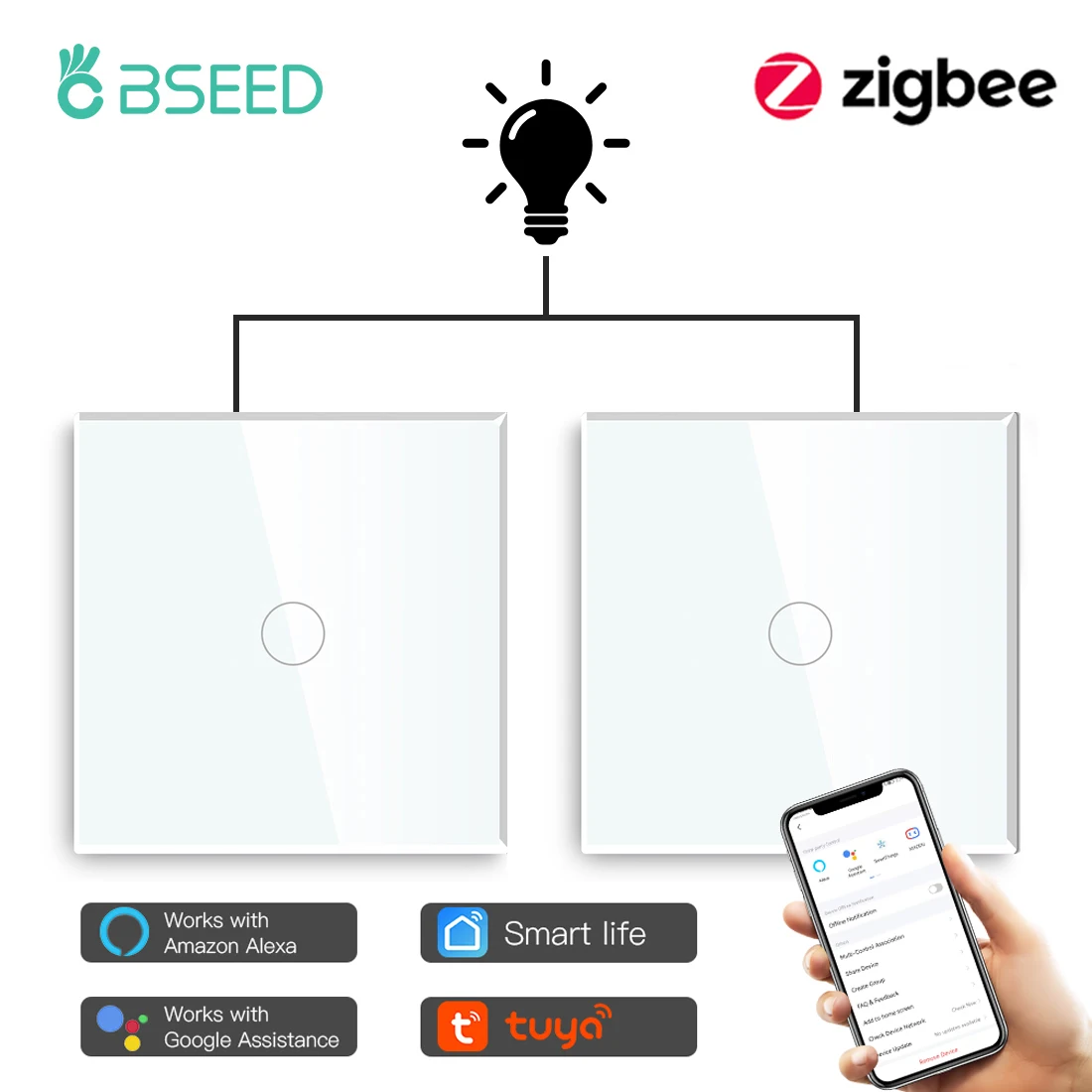 Сенсорные 1-клавишные переключатели BSEED Zigbee, Настенные переключатели с 2 каналами, для лестницы, Tuya Smart Life, Alexa, Яндекс, голосовое управление, без нейтральной стеклянной панели