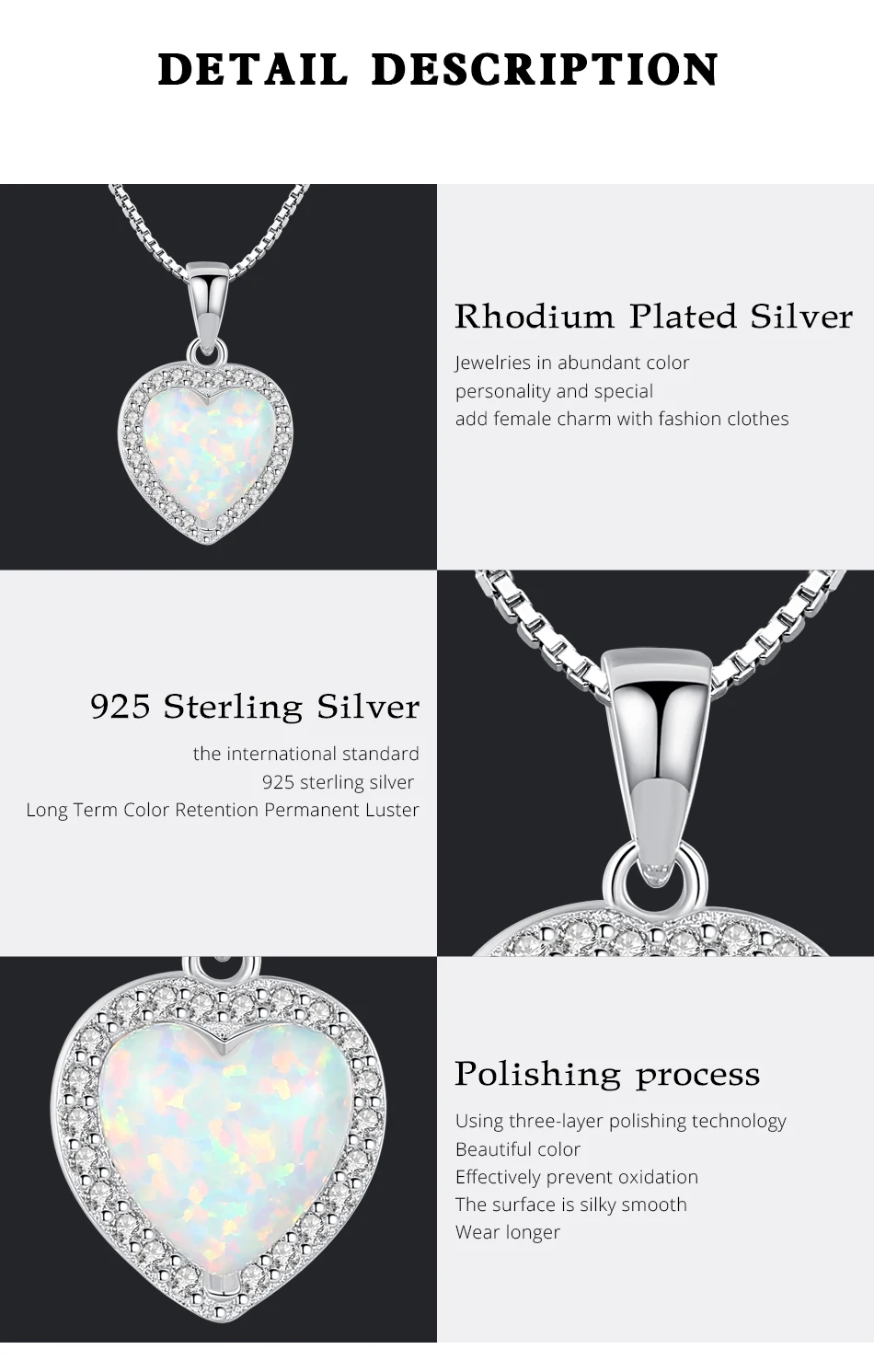 100% Sterling Silver Heart Opal Pendant Necklace for Women Charming Silver Chain Christmas Girls_voghion.com
