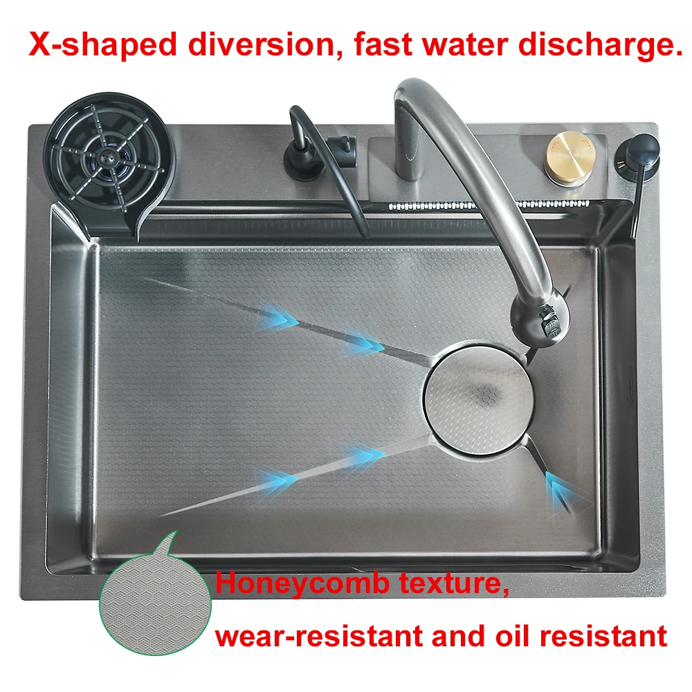 Waterfall Kitchen Sink Large Single basin With Large Single Slot Sink Above Counter With Cup Disher and Soap Dispenser