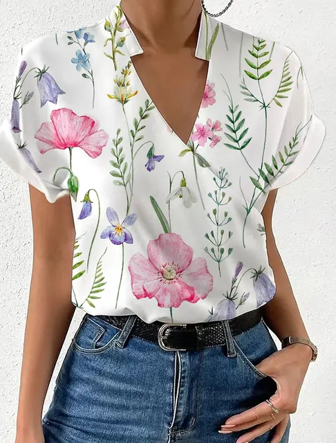 Blusa Elegante Impressa com Mangas Curtas