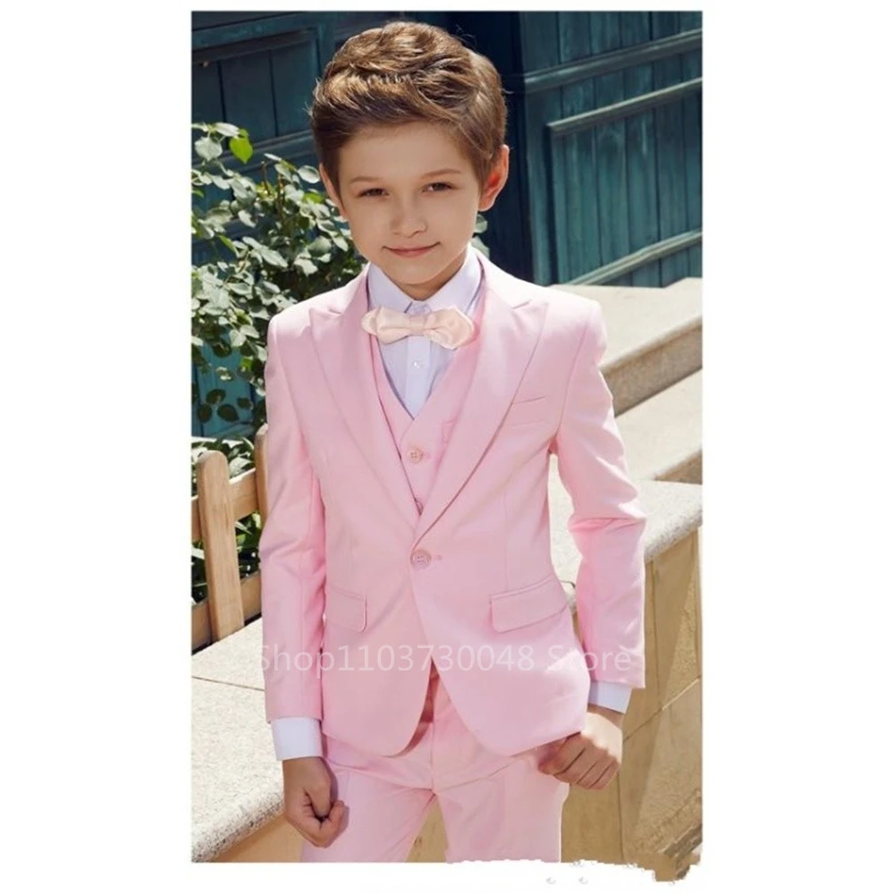 Pink Boy Wedding Party Costume Peak Lapel Blazer Vest Pants Children Formal Suits Dress Kid School Graduation Tuxedos for Spring