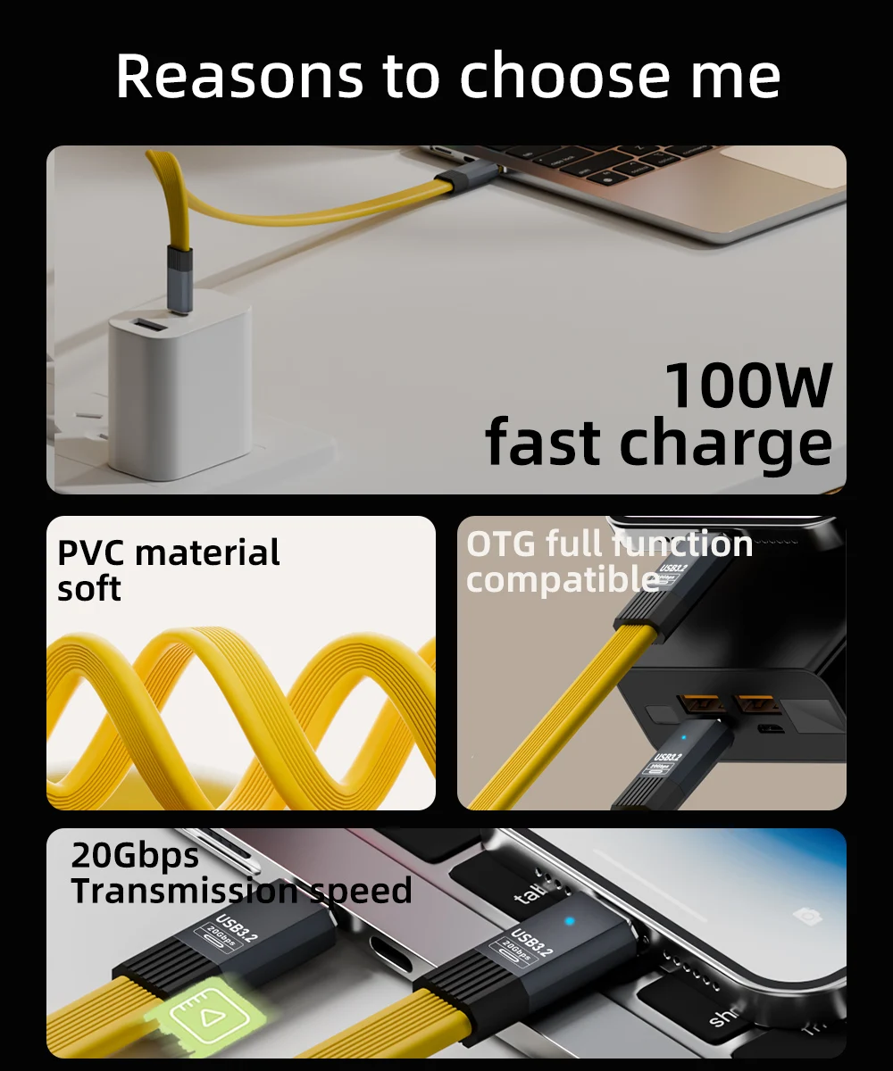100W USB C to C 케이블 20Gbps 데이터 전송 8K 비디오 OTG (노트북, 태블릿, 휴대폰, VR/HDD/도크용) 20/50/80cm
