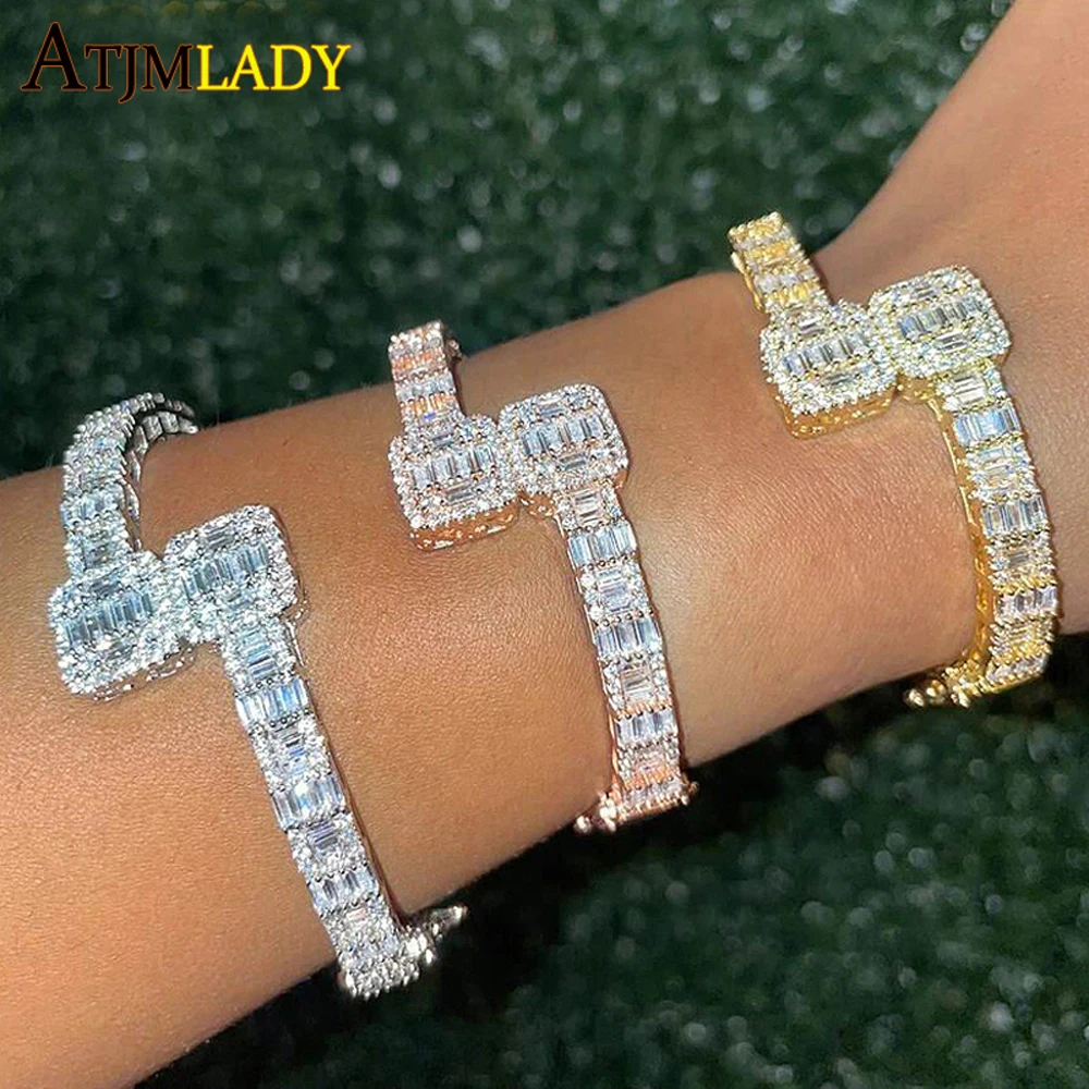 Metal Bracelet Gold Color Opened Square Cubic Zircon Charm Bracelet Iced Out Bling CZ For Men Women Luxury