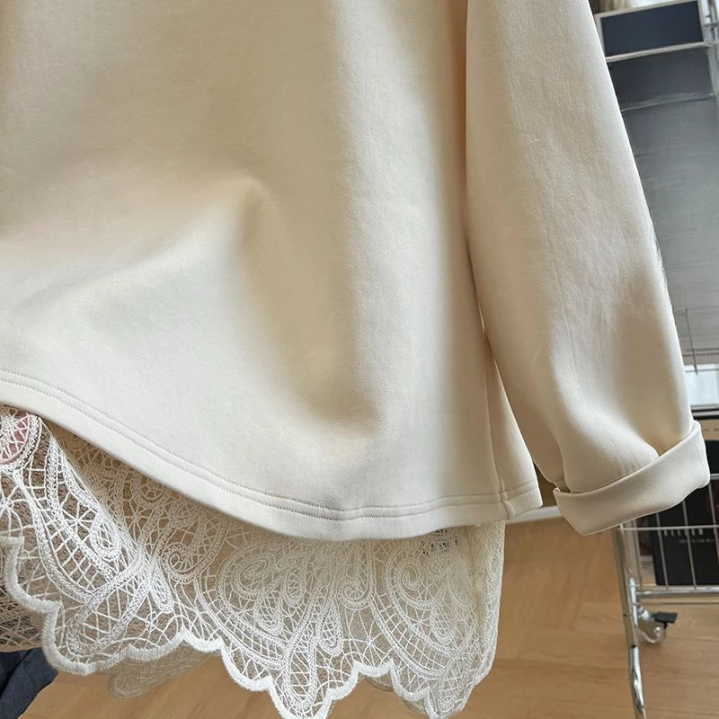Matakawa Lace Patchwork Women Hoodies Solid Fake 2 Pieces Korean Fashion Sweatshirts Autumn Winter Loose Sweet Sudaderas Mujer