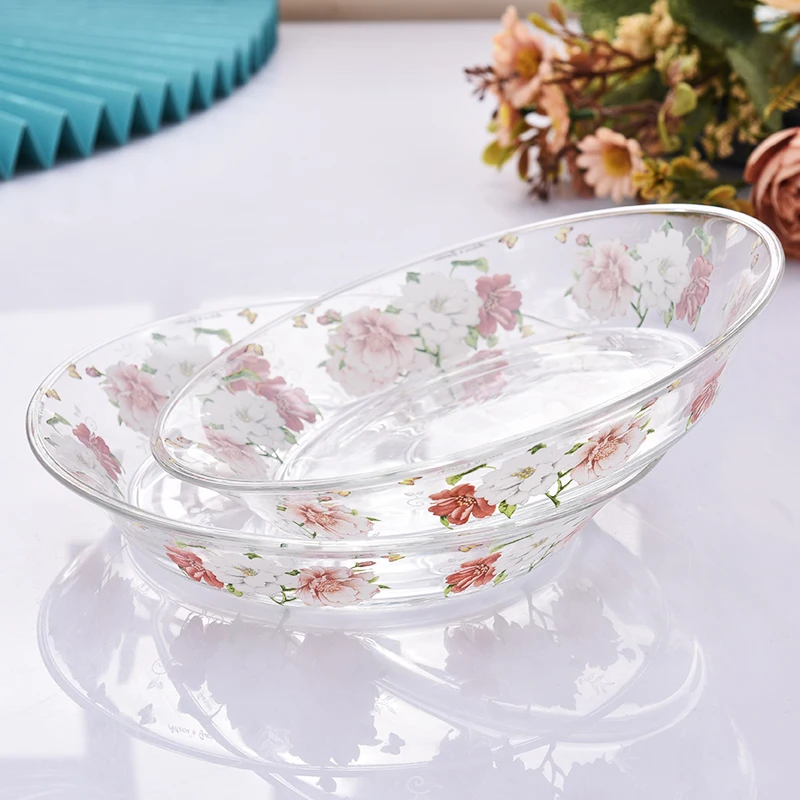 

2 Glass Plates Heat-Resistant Round Flat Dishes Dessert Breakfast Tray Retro Flower Dish Fruit Salah Plate Kitchen Tableware