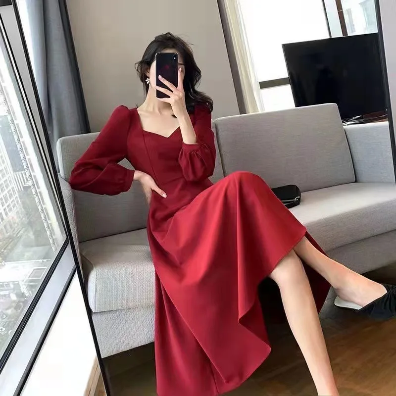 

Elegant Hepburn Style V-neck Dress for Women Fashion Korean Long Sleeve Solid Long Dress High Waist A Line Slimming Prom Dresses