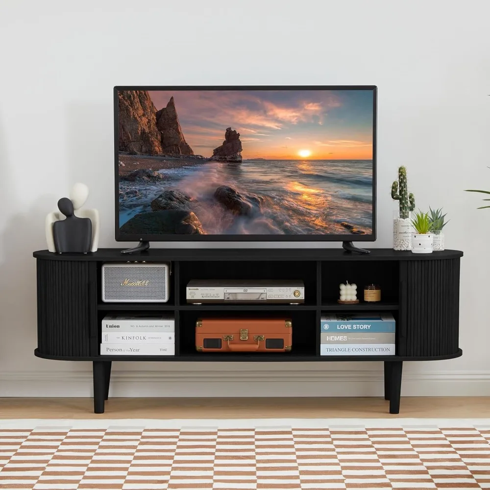 TV Stand, Modern TV Console Table with Storage Compartment and Sliding Door, Gaming Entertainment Center with Cabinet for Living 4