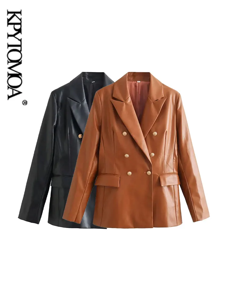 

KPYTOMOA Women Fashion Double Breasted Faux Leather Blazer Coat Vintage Long Sleeve Flap Pockets Female Outerwear Chic Tops