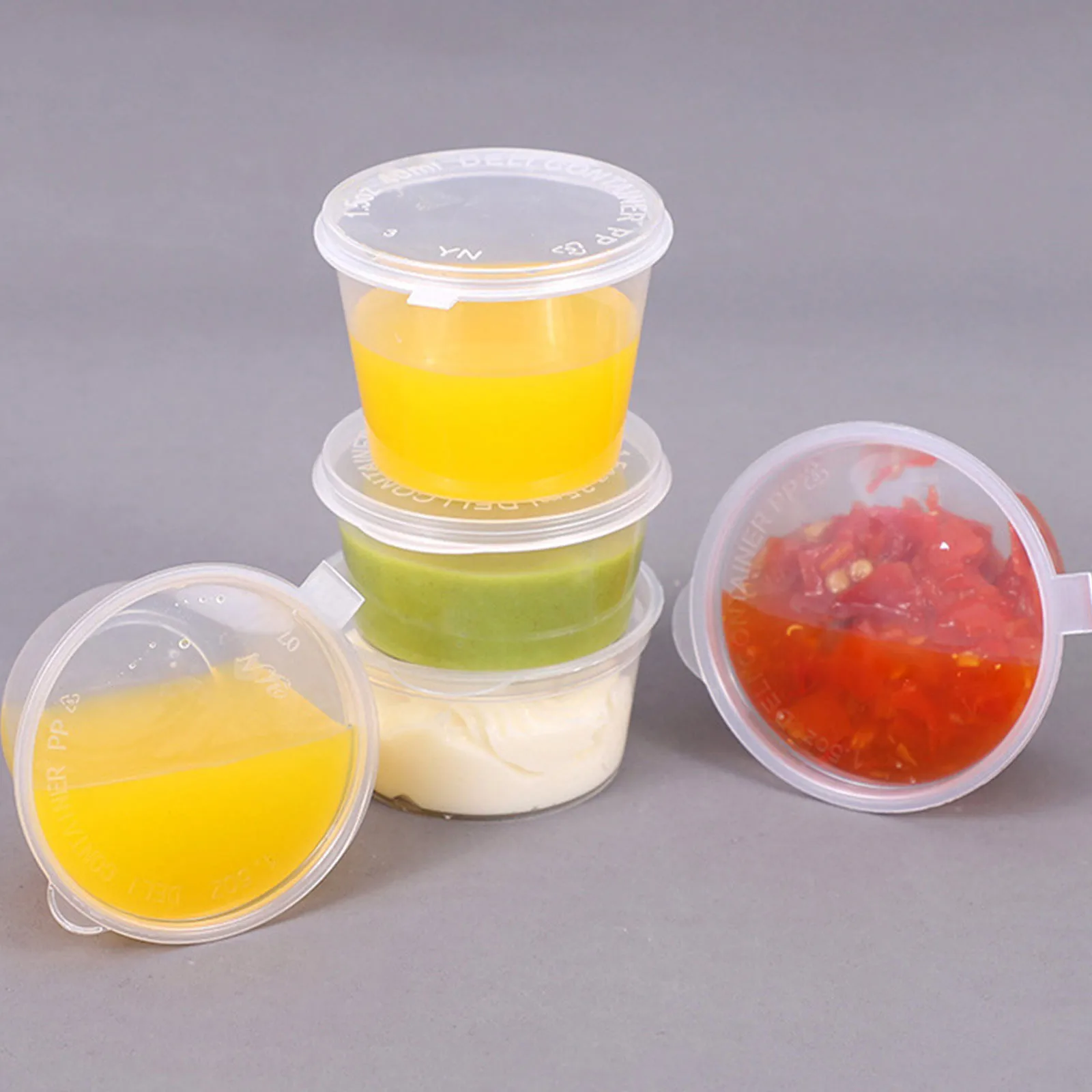 1.5 Oz 드레싱 용기 뚜껑 컵 부분 용기, 플라스틱 조미료 샷 젤리 플라스틱 투명 뚜껑, 소형 보관