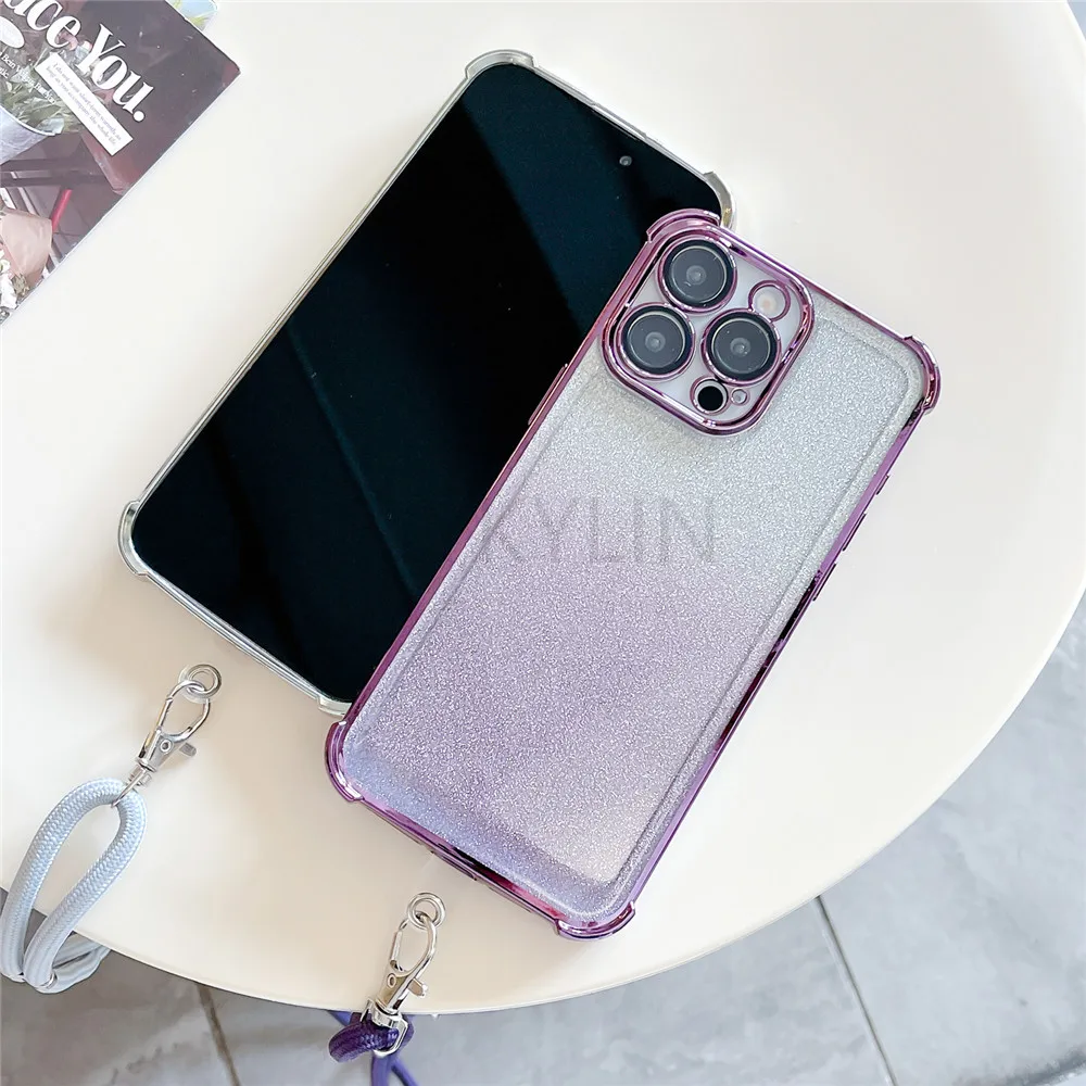 Shockproof Crossbody Lanyard Gradient Glitter Phone Case - Soft Cover