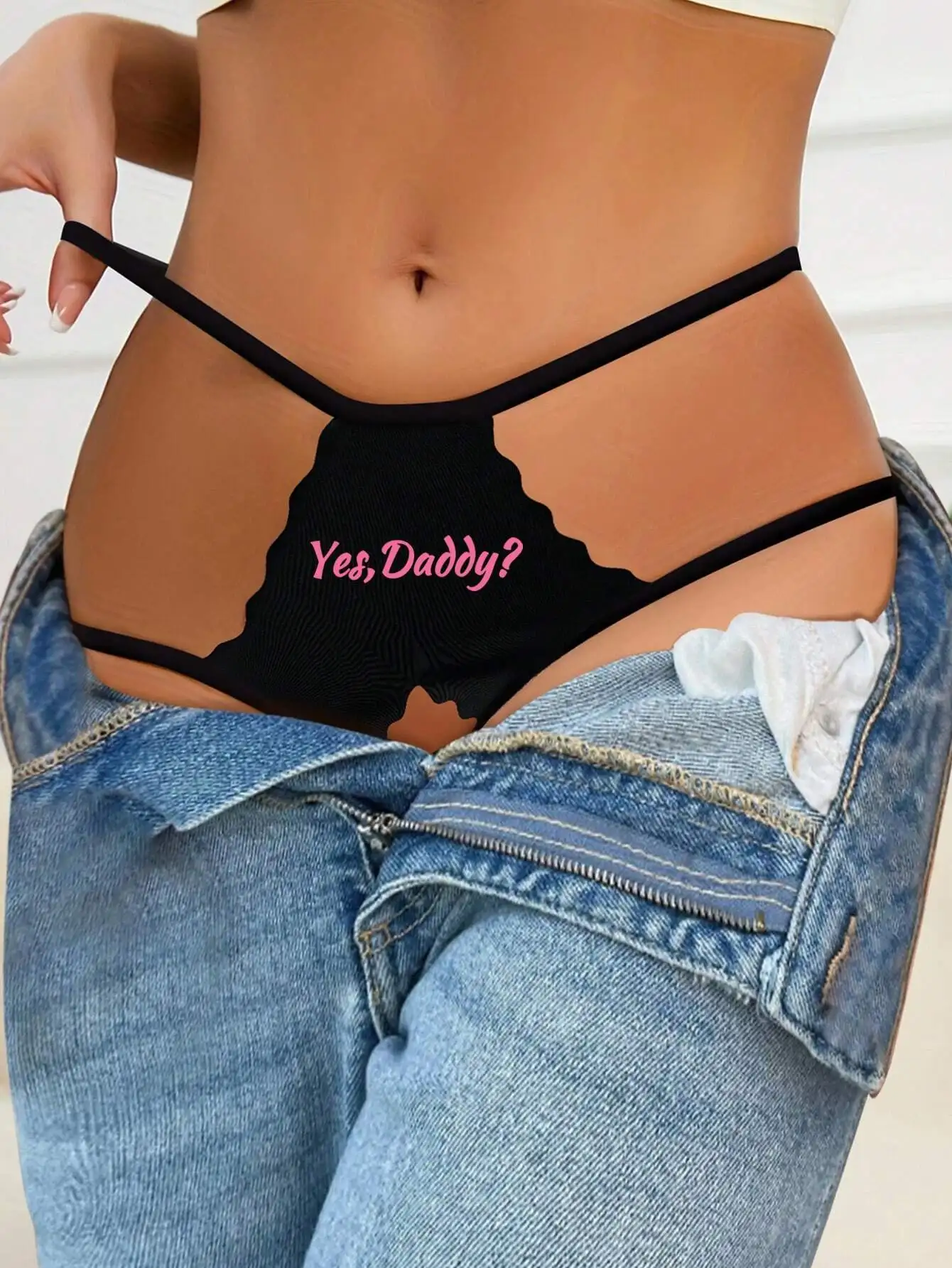 Women Crotchless Panties Sexy Lace Bow Thong with Yes Daddy Prints Briefs Crotch Opening Intimates Lingerie for Female S-XL