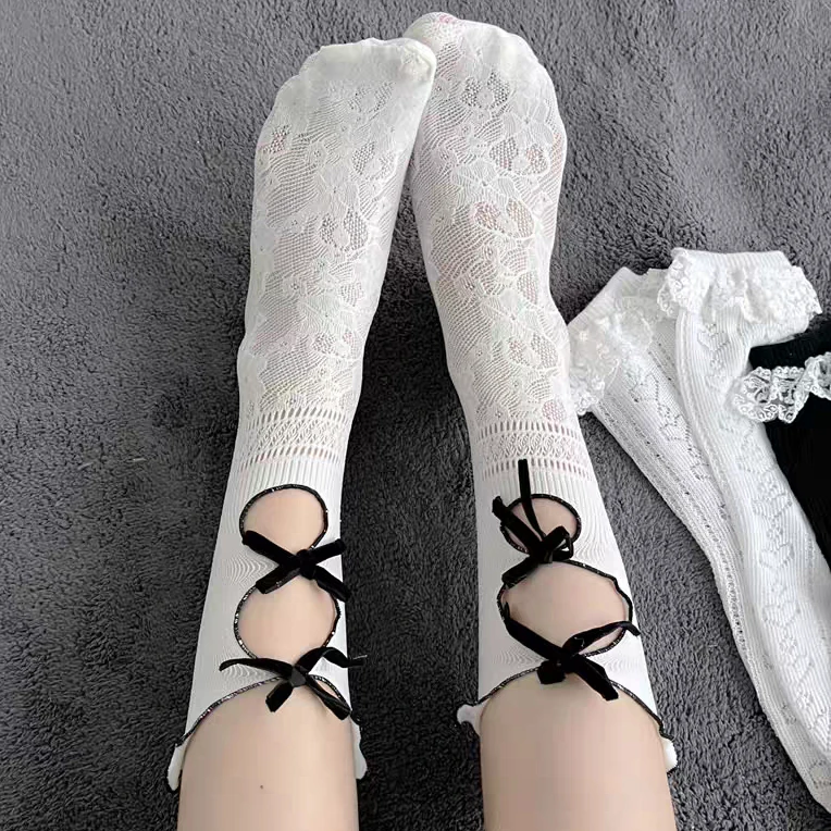 

Y2K милые кружевные длинные носки с бантом, женские сетчатые носки в японском стиле Jk Lolita с цветочным узором, весна-лето, дышащие носки