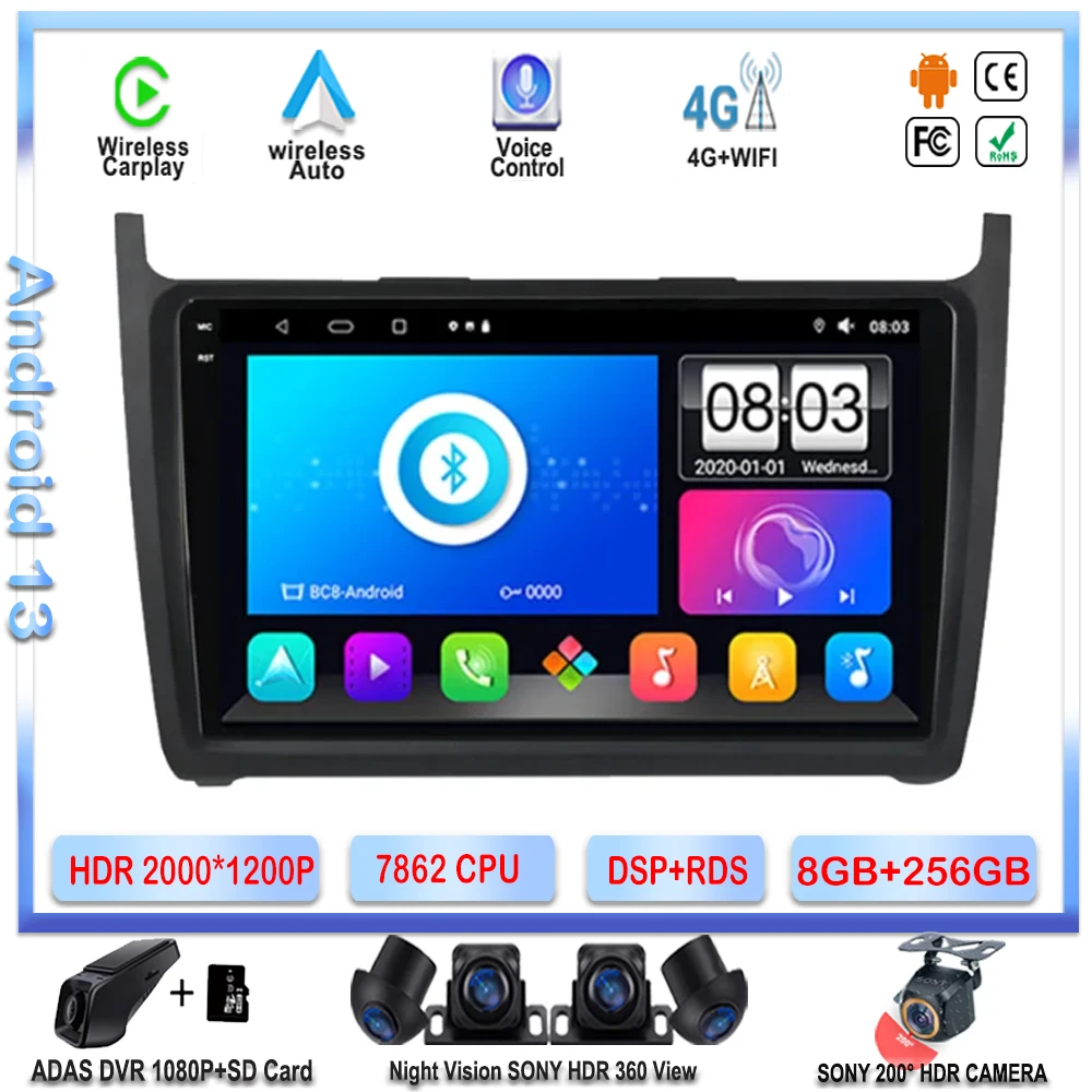 Per Volkswagen Polo 5 2008 - 2020 Autoradio Navigazione Gps Android Lettore Multimediale Stereo 2Din Unità Principale Dvd Schermo Hdr Qled