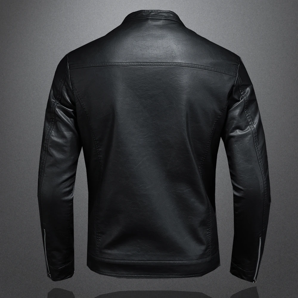 Jaket Kulit Musim Semi Musim Gugur Jaket Kulit Pu Ramping Kerah Berdiri Pria Mantel Kasual Motor Mode Mantel Kulit Pengendara