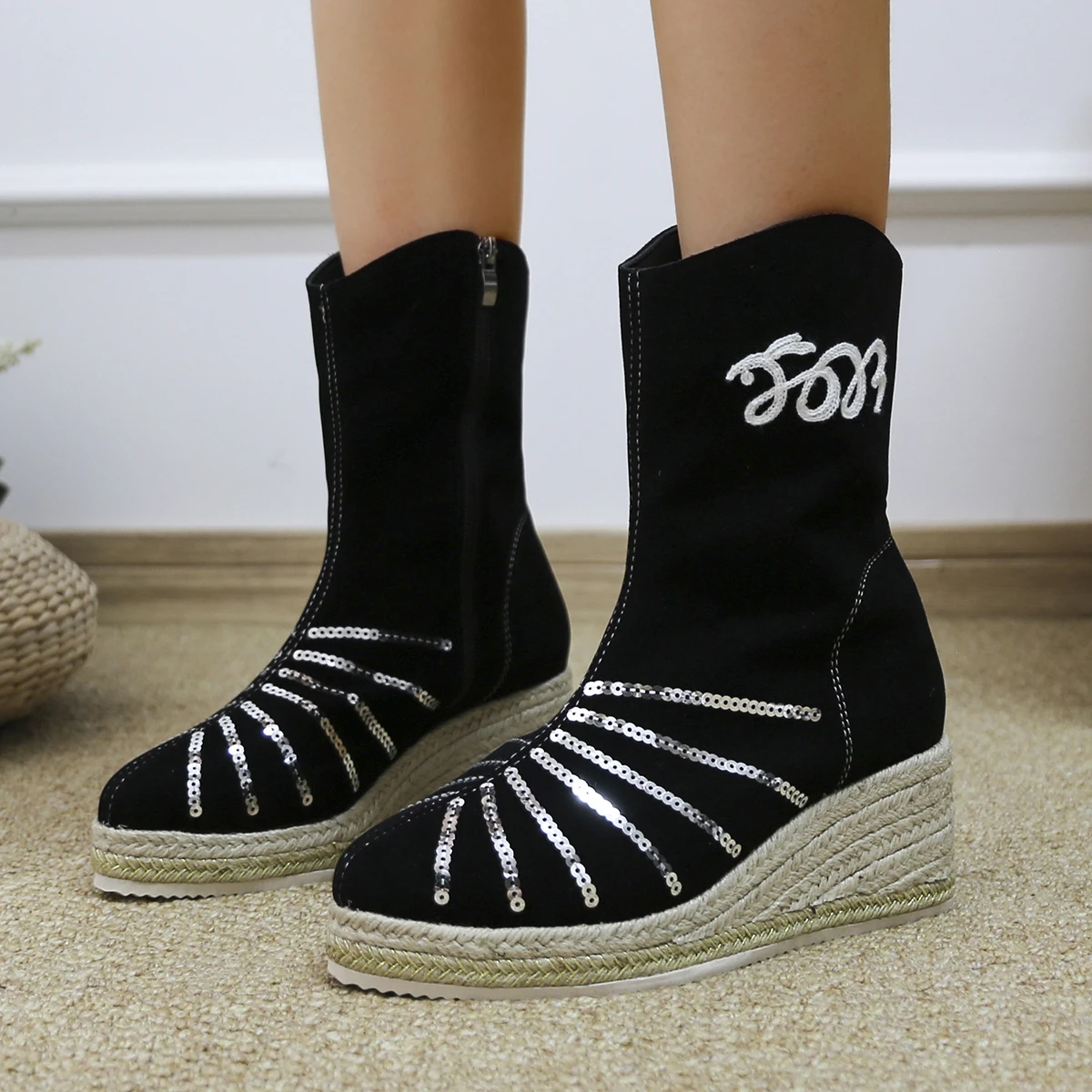 

Womens Pointed Toe Sequins Bling Ankle Boots Platform Wedge Muffin High Heel Side Zip Shoes New 2024