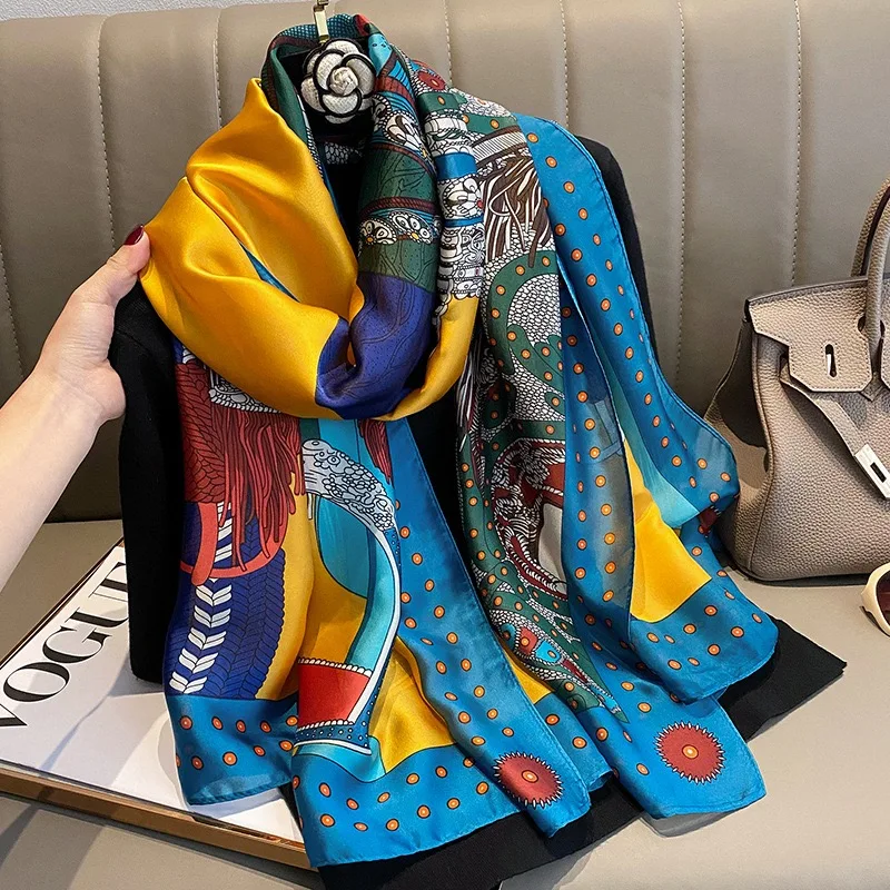 New 180*90cm classic Silk Scarf Women Foulard Office lady Large Fashion Print Beach Hijab shawl warp bandanna muffler pareo 6