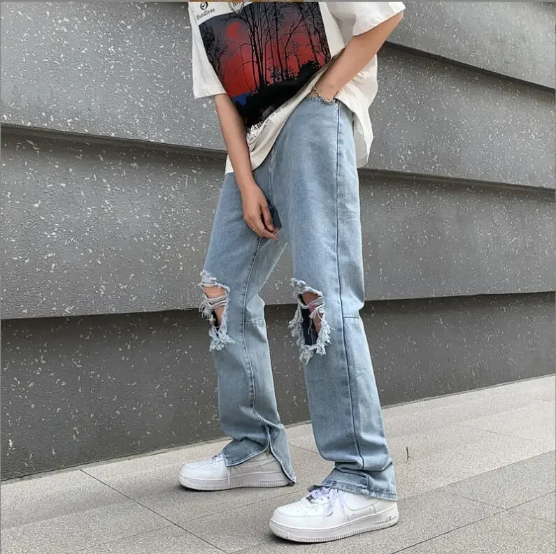 

Men Summer Jeans Hole Solid Retro Streetwear All-match Teen Straight Trouser Loose Leisure Harajuku High Street Chic S-3XL