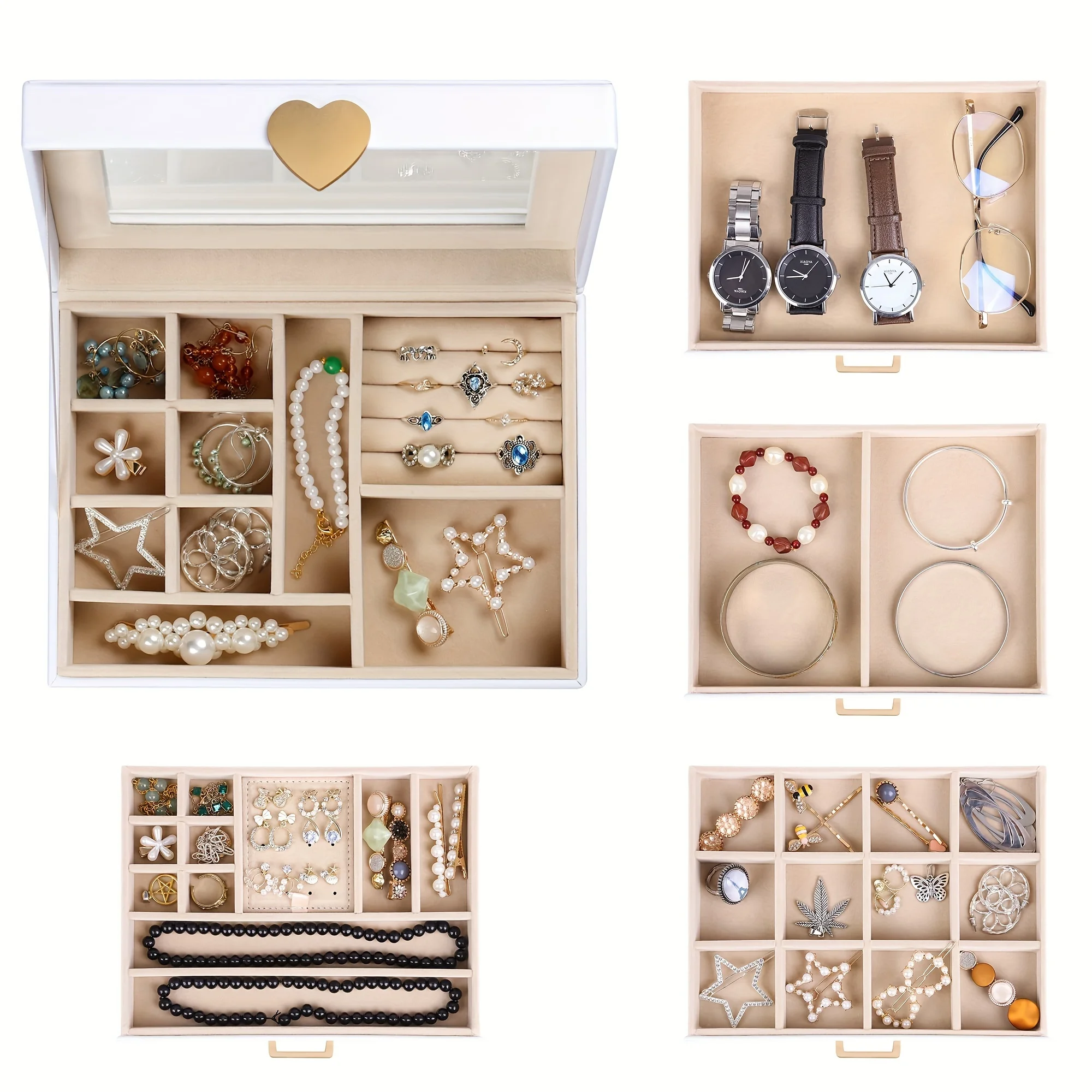Jewelry Box 5-Layer Organizer Box with Glass Lid Brass Gold White Heart Shaped Storage Box Necklace Earrings Ring Bracelets Gift 3