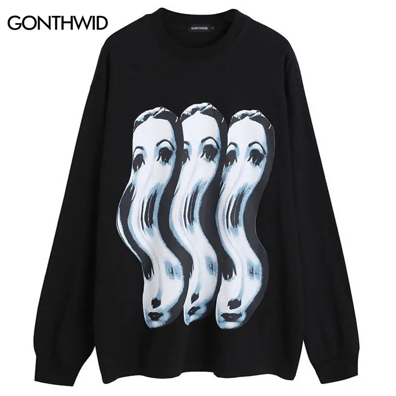 

Hip Hop Tshirt Streetwear Harajuku Abstract Graphic Print Oversized T-Shirt 2023 Men Fashion Punk Goth Loose Long Sleeve Shirts