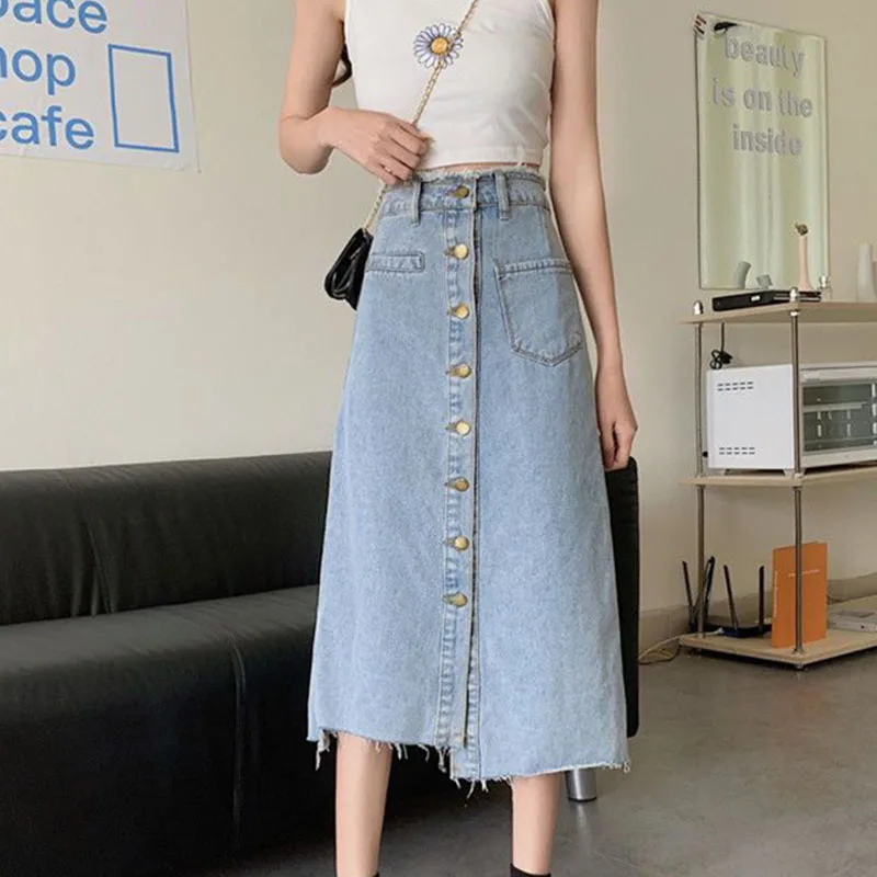 

Vintage Burrs Denim Skirt Woman Korean Style High Waist Blue Midi Skirt Women 2023 Summer Fashion Single Breasted A-Line Skirts