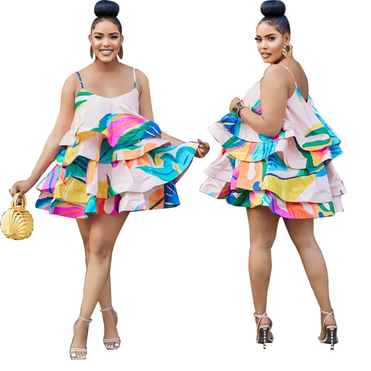 African Dresses for Women Summer African Printing Polyester Spaghetti Strap Ruffles Pink Club Party Dresses Clothes African Dress Women Party Dress