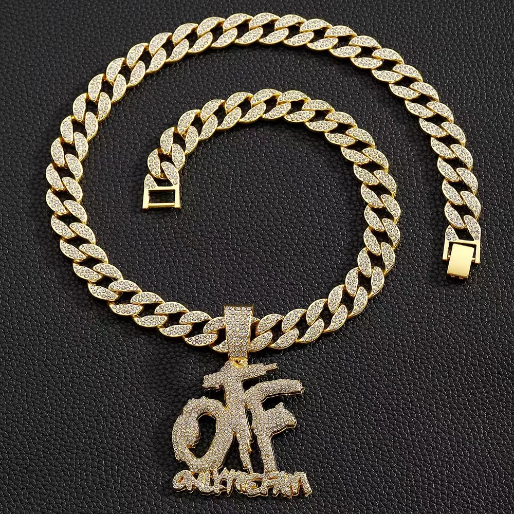 Wholesale hip hop rhinestone alloy bling OTF letter pendant with 15mm cuban link chain necklace