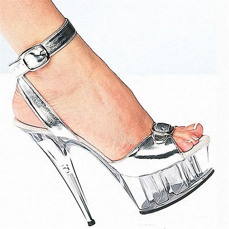 

Handmade pole shoe for ladies 6 inch, 15 cm silver vamp fashion transparent heel dance shoes