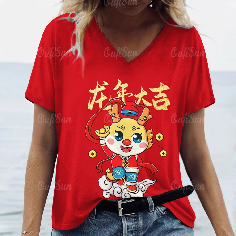 

Женская футболка с мультяшным драконом, модные 3D футболки на новый год 2024, одежда с V-образным вырезом и коротким рукавом, Дамский пуловер, топы, свободная футболка