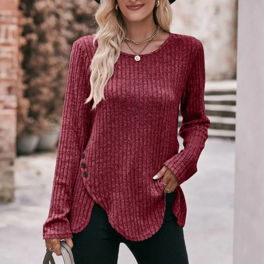 

Women Fall Winter Top Round Neck Long Sleeve Striped Texture Button Decor Irregular Hem Long Sleeve Pullover Soft Solid Color La
