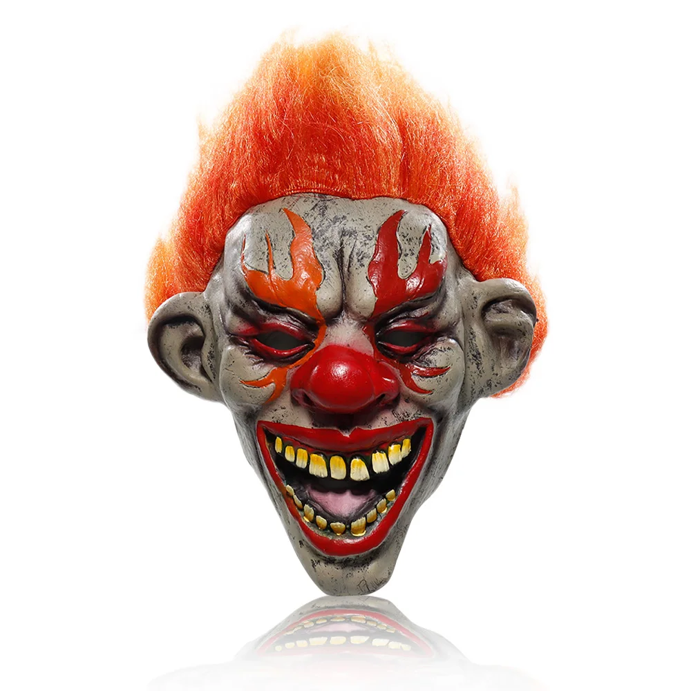 

Horror Halloween Flame Clown Mask Cosplay Scary Evil Demon Joker Latex Helmet with Hair Party Costume Props