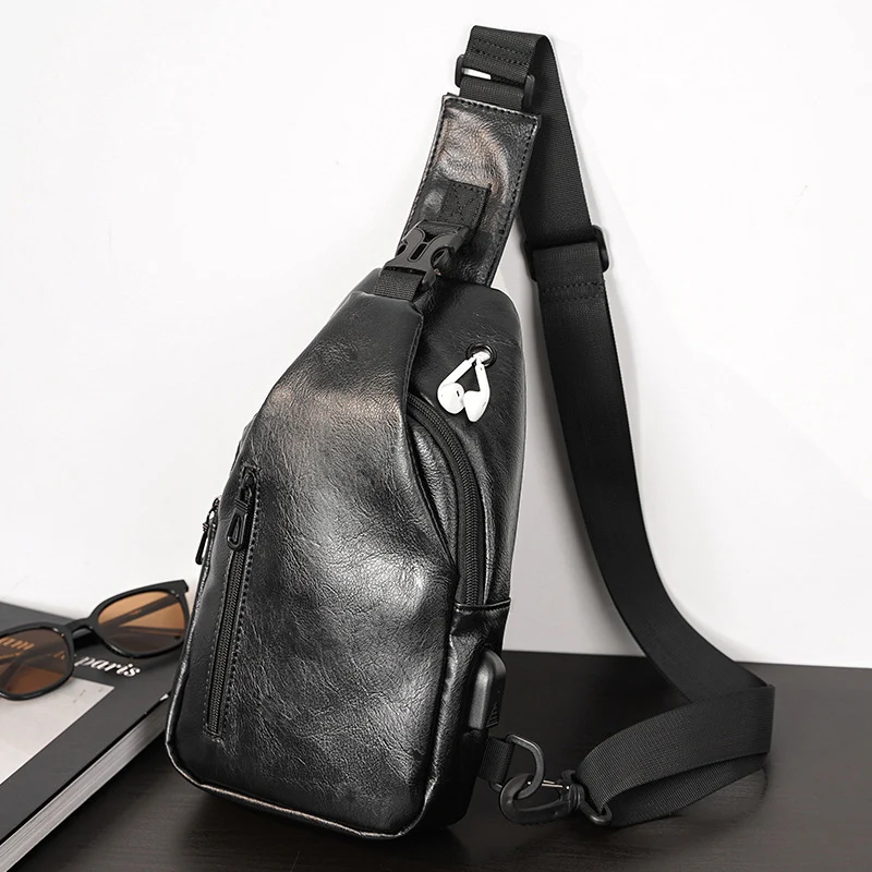 

Мужская нагрудная сумка из высококачественной искусственной кожи, новая модная однотонная сумка через плечо, мужская повседневная дорожная сумка через плечо с защитой от кражи, 2023