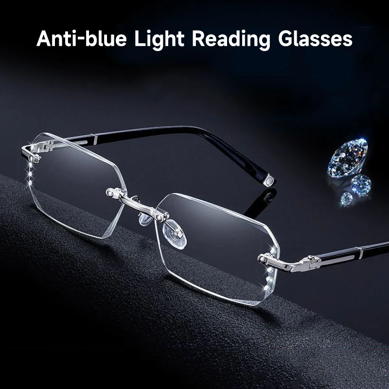 Stylish Rimless Anti-Blue Light Reading Glasses with Diamond Accents