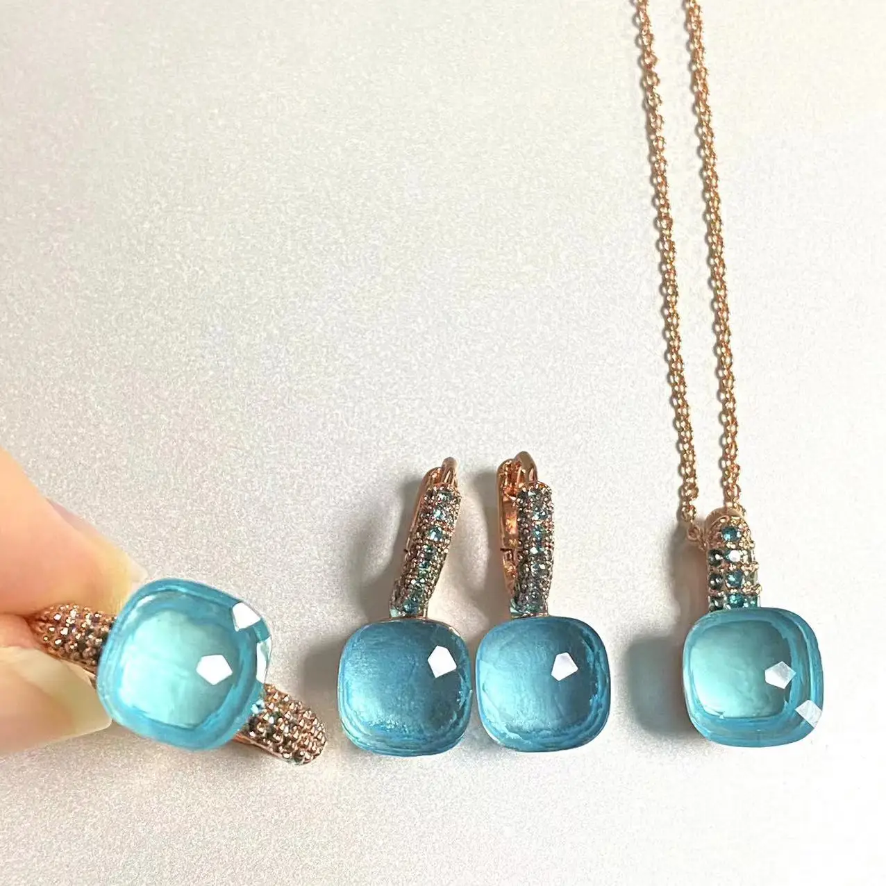 

3Pcs/Set Classic Ring Earrings Necklace Jewelry Set Inlay Light Blue Zircon Candy Crystal Jewelry Set Blue Topaz Jewelry Gift