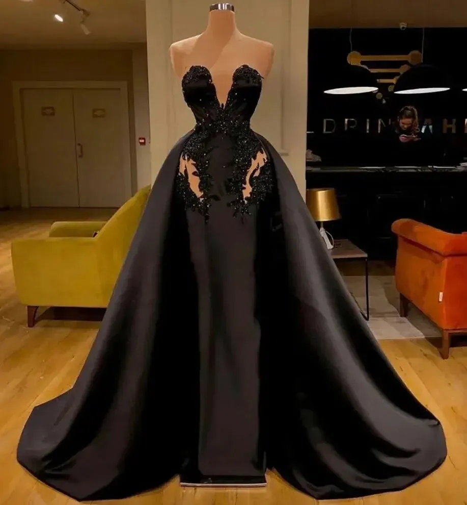 

2024 Prom Dresses Black Evening Gown Party Mermaid Trumpet Sweetheart Sleeveless Satin Applique Beaded Zipper Lace Up Plus Size