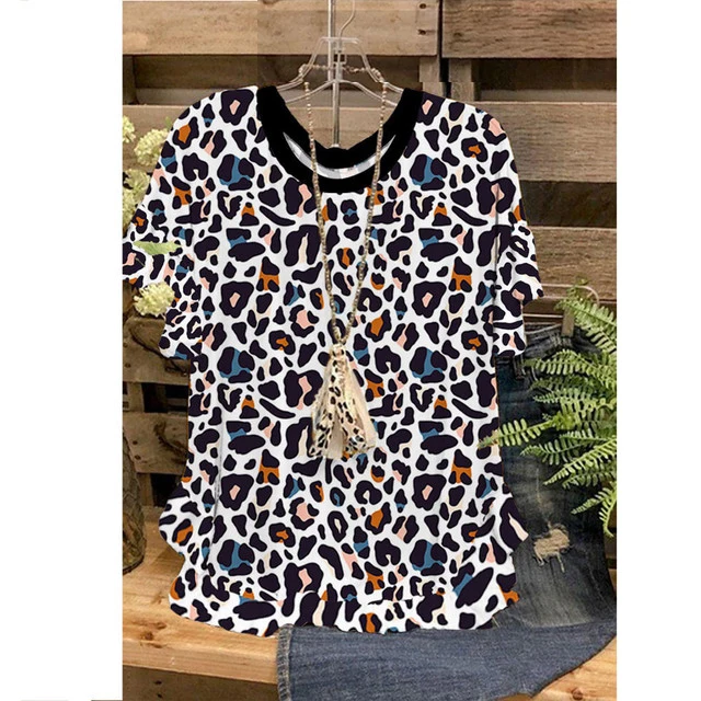 

Women Tops T-Shirts 3D Colorful Leopard Printing Ruffled O-Neck Short Sleeves Loose Casual T-Shirts Summer Streetwear