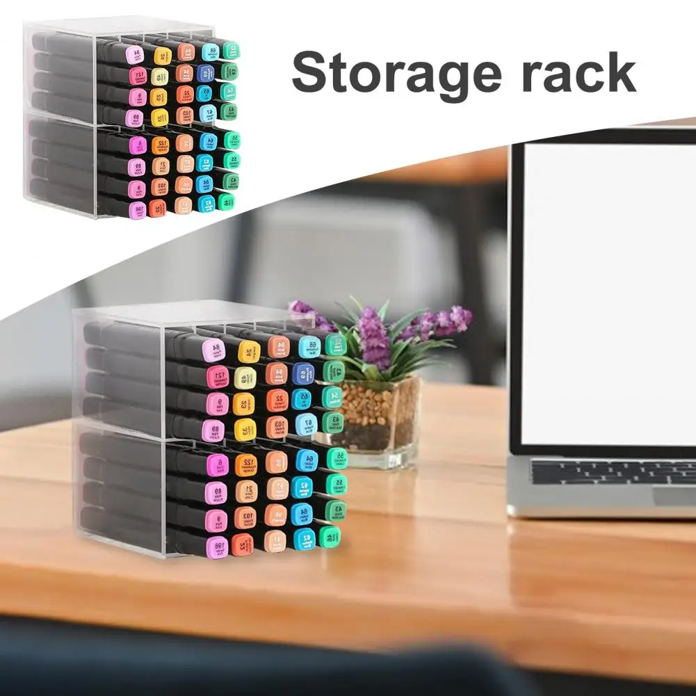 Marker Storage Holder 40 Slots Transparent Plastic Box with Divider Colored Art Marker Pen Rack Holder Desktop Organizer