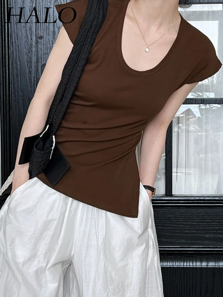 

2024 V-neck Side Split Folded Waist Short Sleeved T-shirt Slim Fit And Slimming Top For Women Spring/Summer New Design Sense