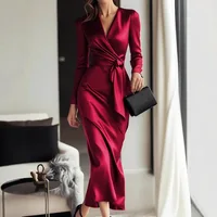 Elegant Solid Color Slim Banquet Dress Casual Lady Long Sleeve Wrap Hips Party Dress Sexy V-neck High Waist Lace Up Satin Dress