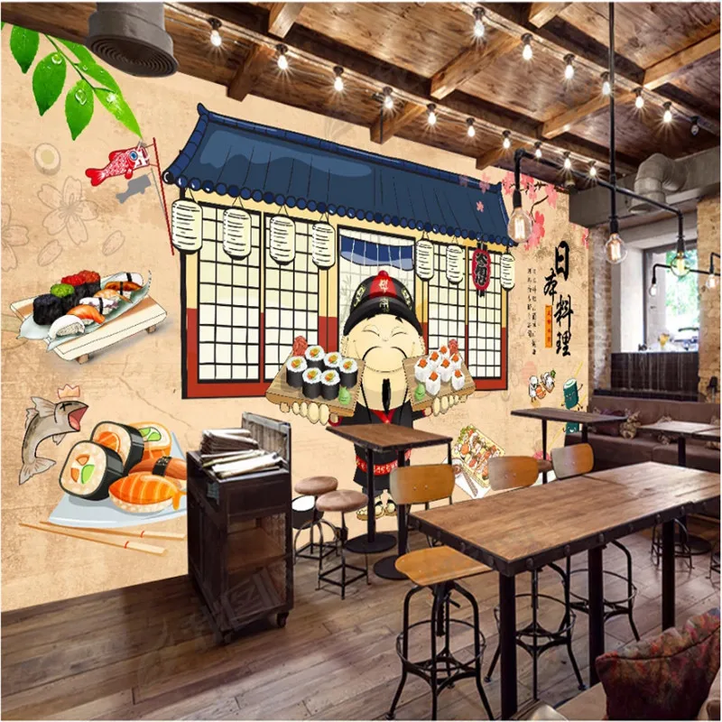 

Vintage Cartoon Japanese Style 3D Wall Paper Japanese Sushi Cuisine Restaurant Industrial Decor Background Mural Wallpaper 3D