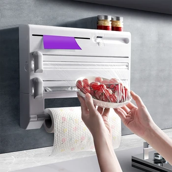 Cremagliera da cucina 6-in-1 Taglierina per involucro di plastica Rotolo di carta Sacchetto della spazzatura Nastro di stagno Foglio di latta Asciugamano da bagno Forte sfregamento Scatola di immagazzinaggio Dispenser 1