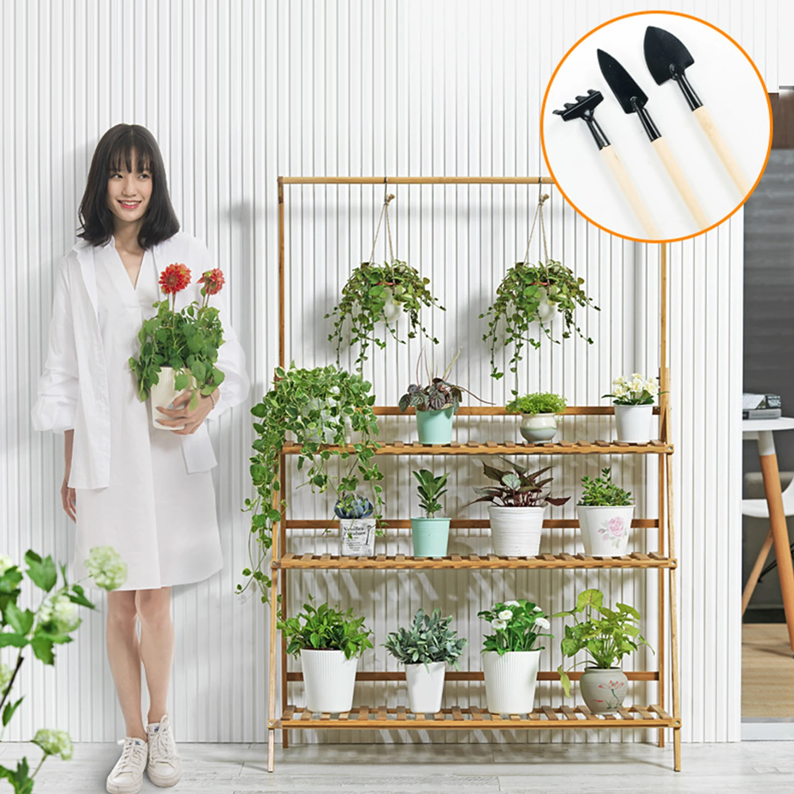 Bamboo 3 tier plant stand rack multiple flower pot holder shelf indoor outdoor planter display shelving unit patio greenhouse