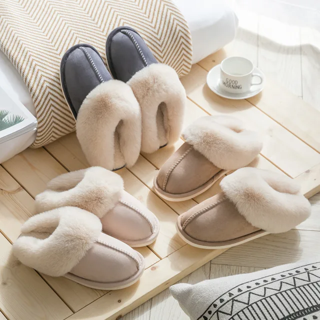 Winter Warm Cotton Slippers Women Men Home Shoes Furry Non-slip Indoor Slides Bedroom Couple Slippers Plush Female Shoes