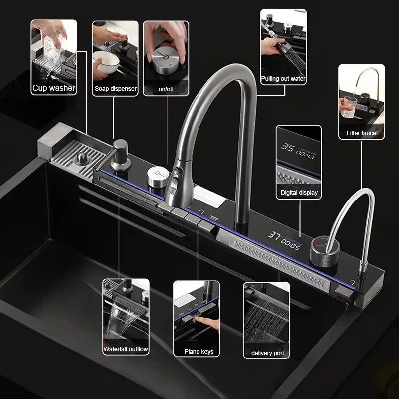 304 Stainless Steel Waterfall Kitchen Sink Sink Large Single basin With Large Single Slot Above Counter With Cup Disher