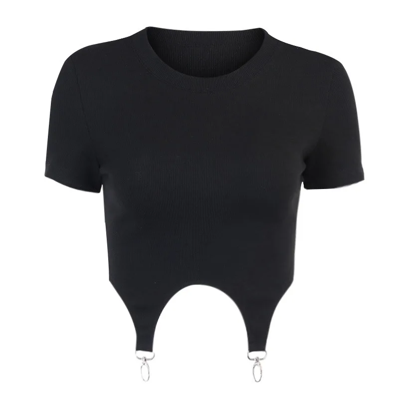 

Модные сексуальные вязаные женские кроп-топы Y2k, футболка с круглым вырезом, Женская облегающая тянущаяся Женская футболка для девушек, уличная одежда с пряжкой