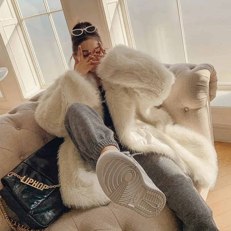 Winter Imitation Fox Fur Coat Mid Length Faux Collar Jackets for Women Thick Warm Casual Lapel Cardigan Outer Wear Basic Style