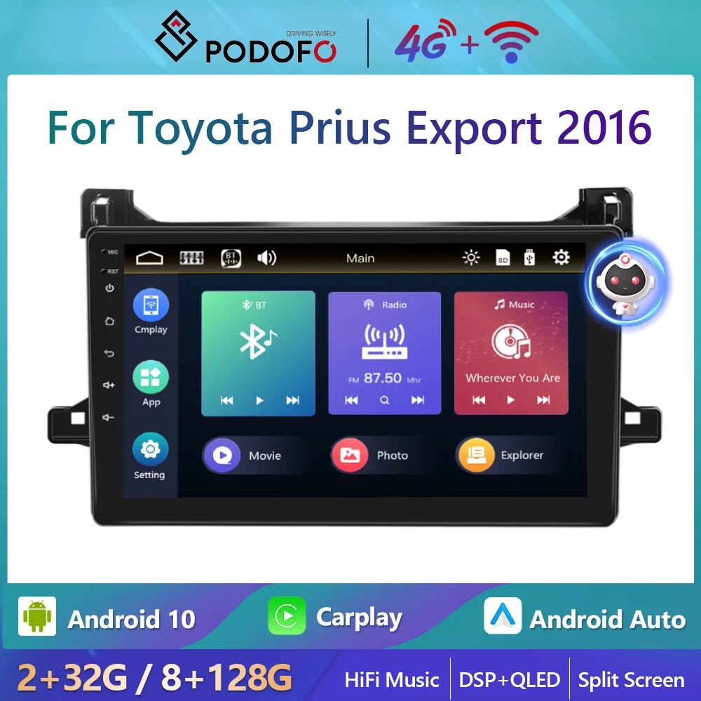 

Podofo 2din Android 4G WiFi Car Radio For Toyota Prius Export 2016 Carplay Stereo Player 8+128G AI Voice HiFi Autoradio GPS